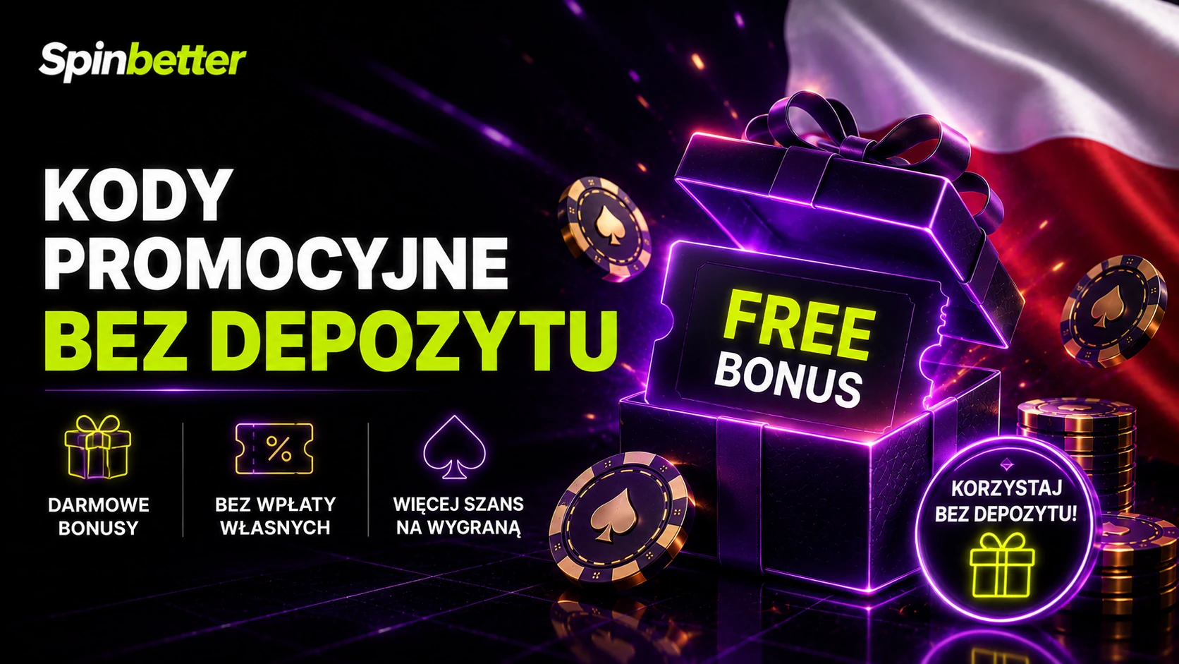 Pudełko z napisem free bonus i hasłem o korzystaniu bez depozytu
