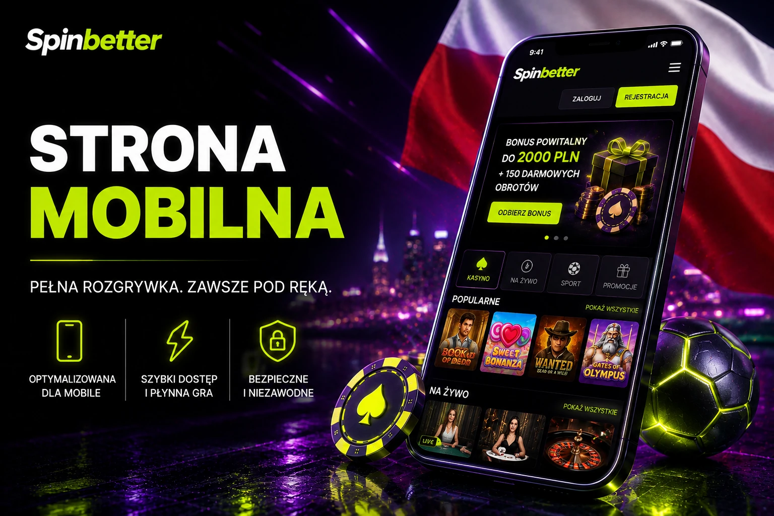 Mobilne lobby z zakładkami kasyno, na żywo, sport i promocje