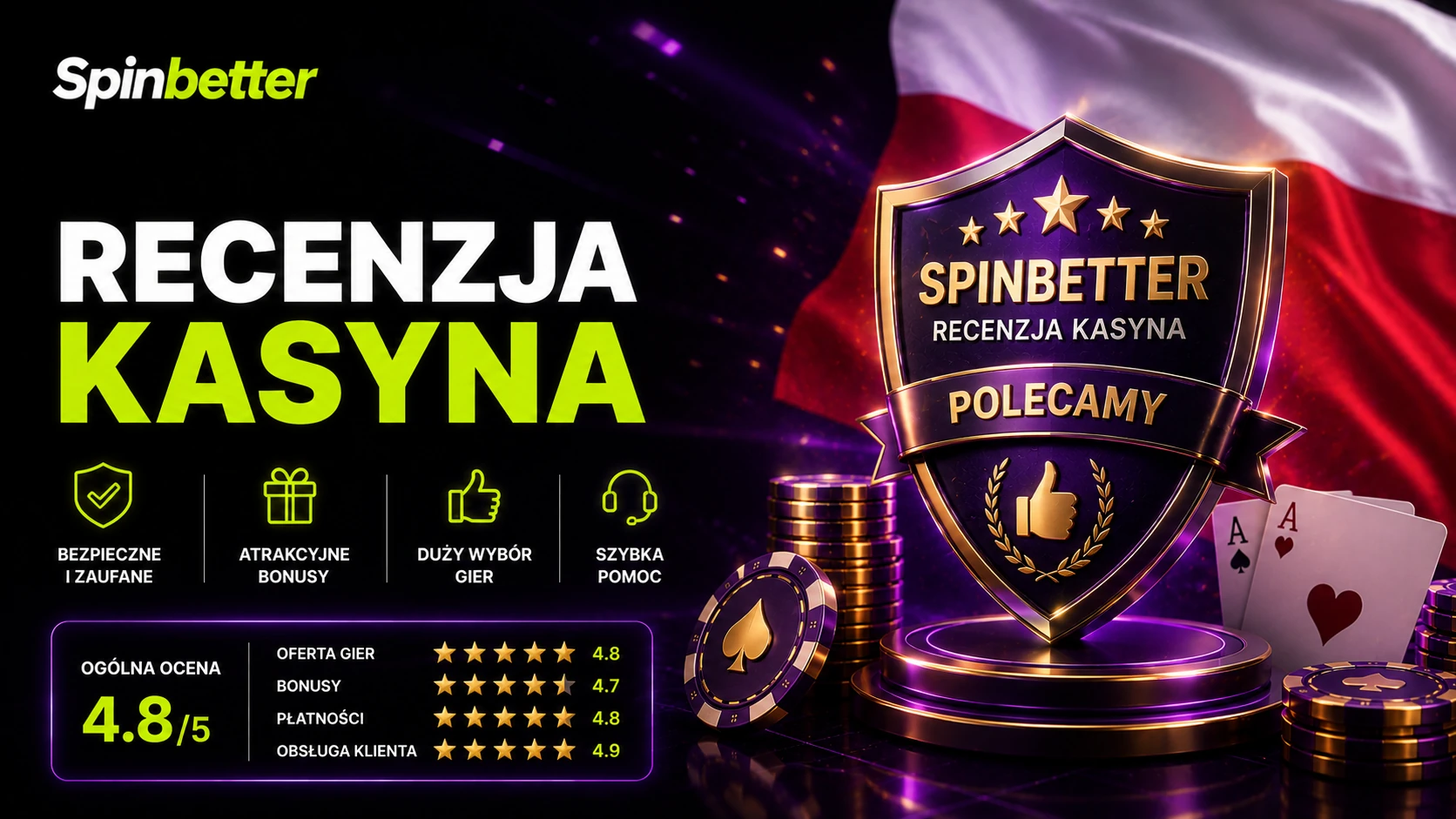 Odznaka recenzji kasyna z oceną ogólną i notami cząstkowymi