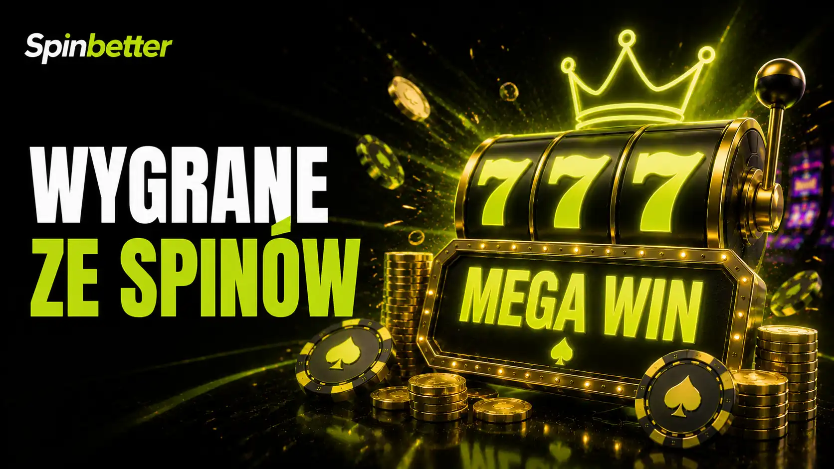 Trzy siódemki i tablica mega win obok stosów żetonów